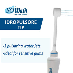 Close-up of SoWash massage tip performing gum massage and interdental cleaning
