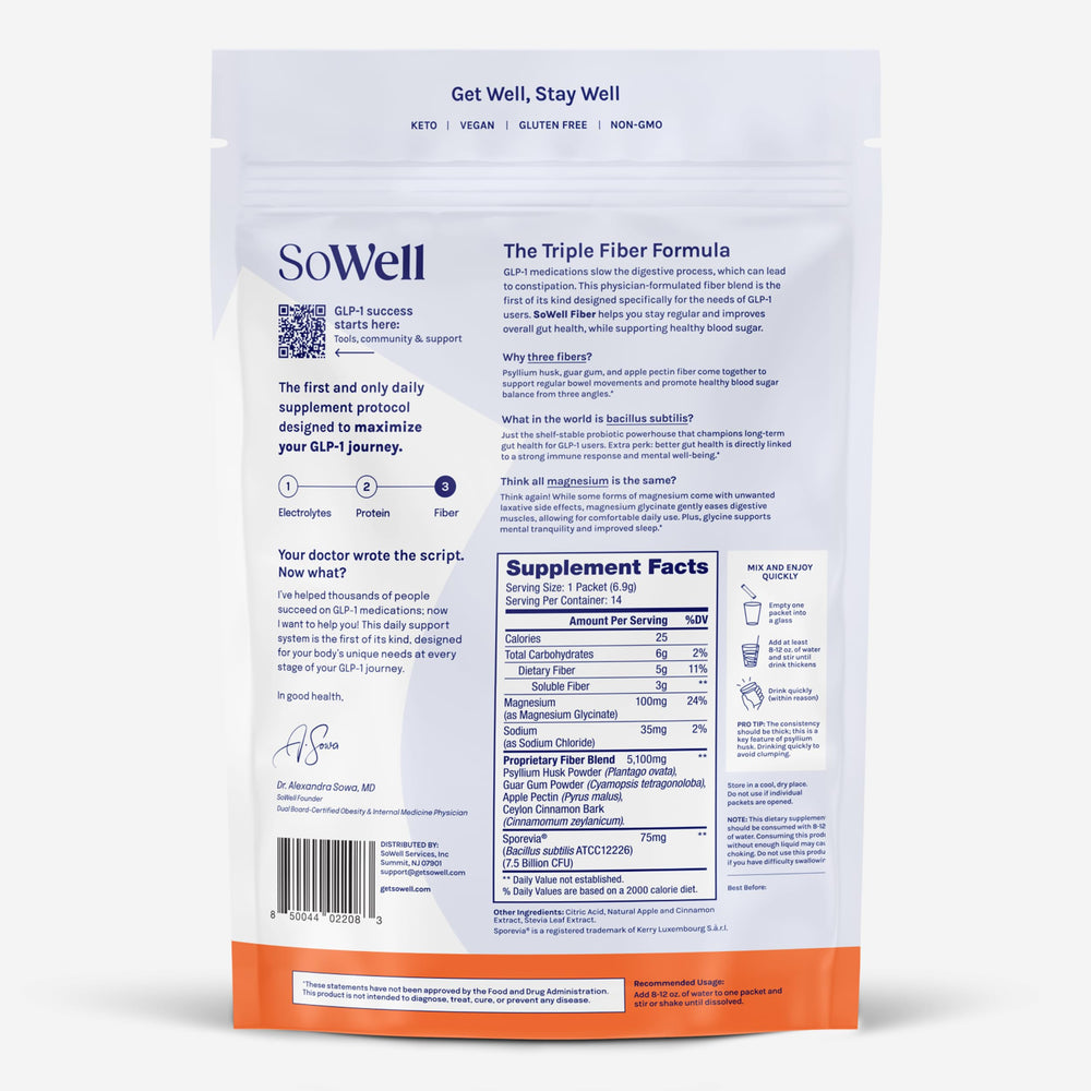 Close-up of the 14-stick packs of SoWell Fiber Apple Cinnamon Drink Mix