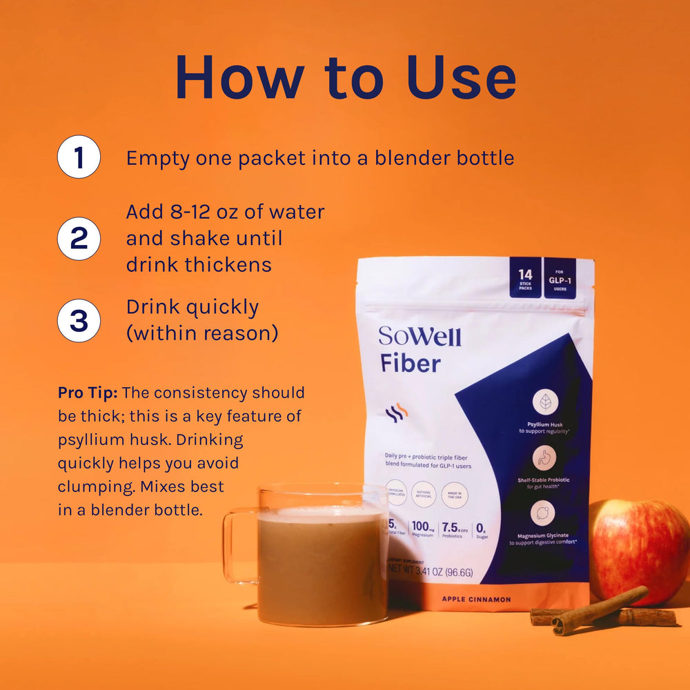 Shake with water to blend SoWell Fiber Apple Cinnamon Drink Mix