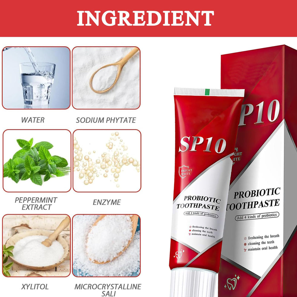 Close-up of SP-10 toothpaste being squeezed onto a toothbrush