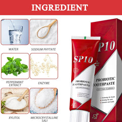 Close-up of SP-10 toothpaste being squeezed onto a toothbrush