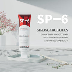 Graphic showing six probiotics for oral health on packaging