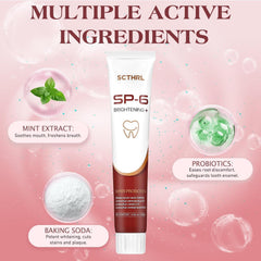 Toothpaste tube with mint flavor on a white surface