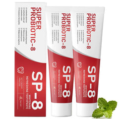 SP-8 Probiotic Whitening Toothpaste tube with mint label