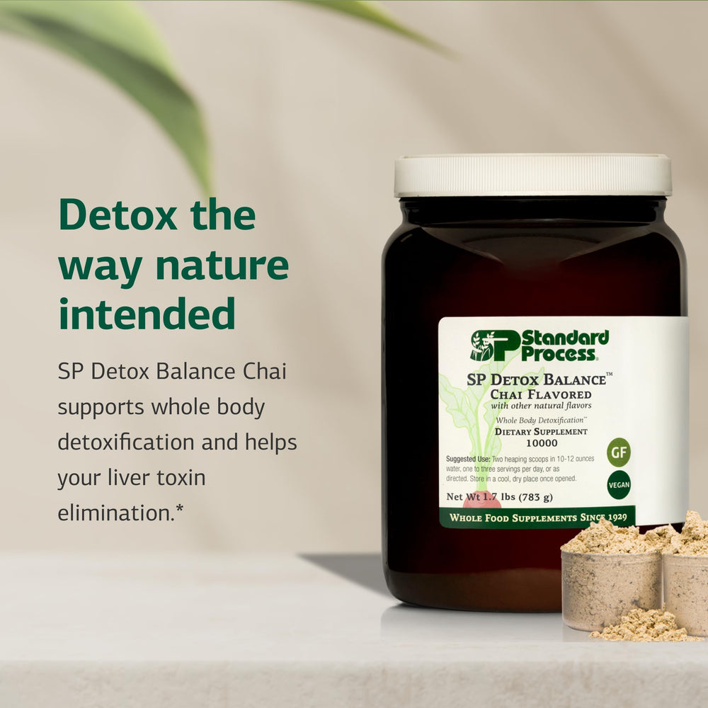 Scoop of SP Detox Balance Chai powder with plant protein blend