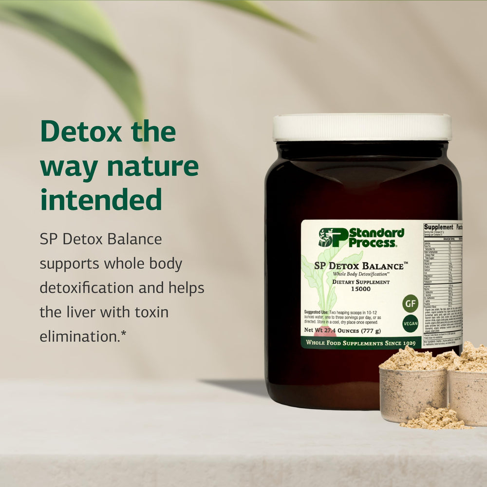 SP Detox Balance protein scoop demonstrates convenient serving for quick protein boosts.