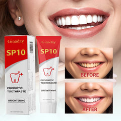 Close-up of SP10 toothpaste tube showing probiotic whitening formula
