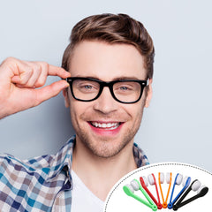 Portable tweezers-style microfiber glasses cleaner in use