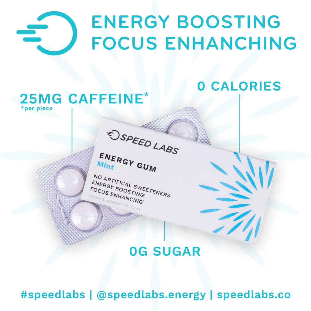 Speed Labs Mint Energy Gum 8-piece tray close-up highlighting natural sweetness.