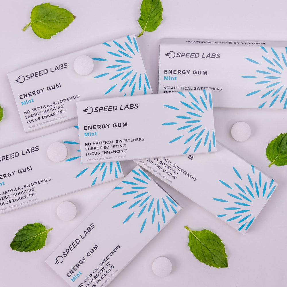 Speed Labs Mint Energy Gum multiple packs showing convenient 6-pack box.