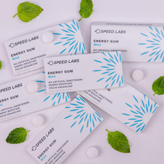 Speed Labs Mint Energy Gum multiple packs showing convenient 6-pack box.