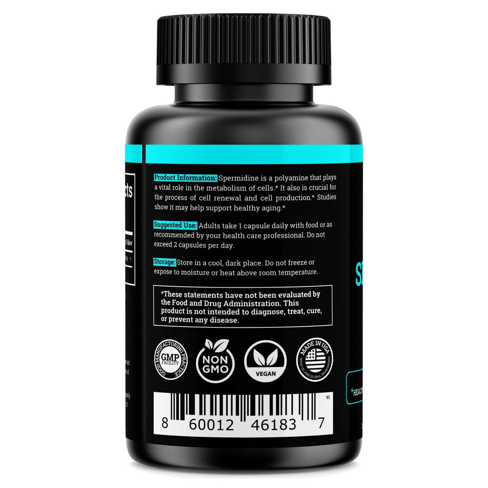 Label displaying 99% pure spermidine and 12mg per capsule