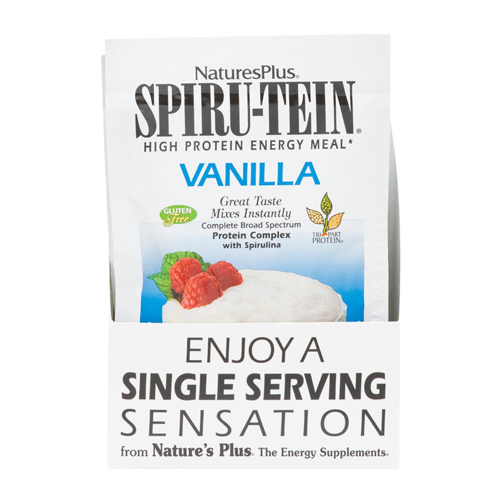 Front view of Nature'sPlus SPIRU-TEIN Vanilla 8-pack
