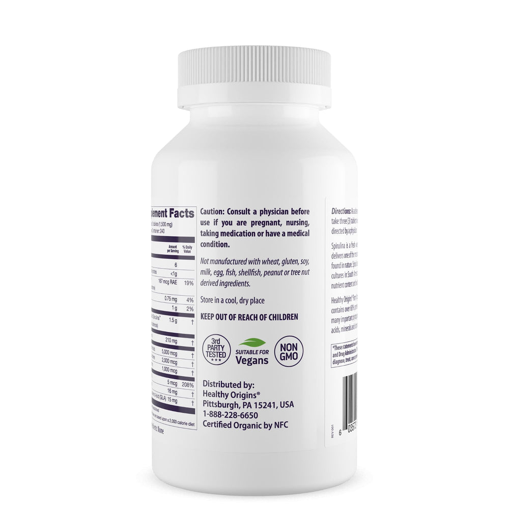 Healthy Origins Organic Spirulina 500 Mg bottle back label