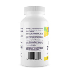Close-up of spirulina bottle label showing organic and kosher certifications