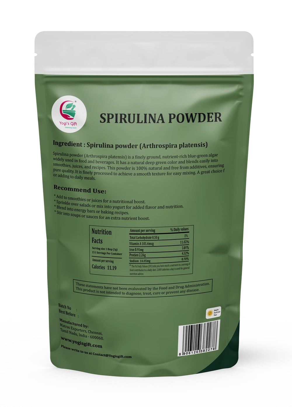 Close-up of spirulina powder in a scoop with label