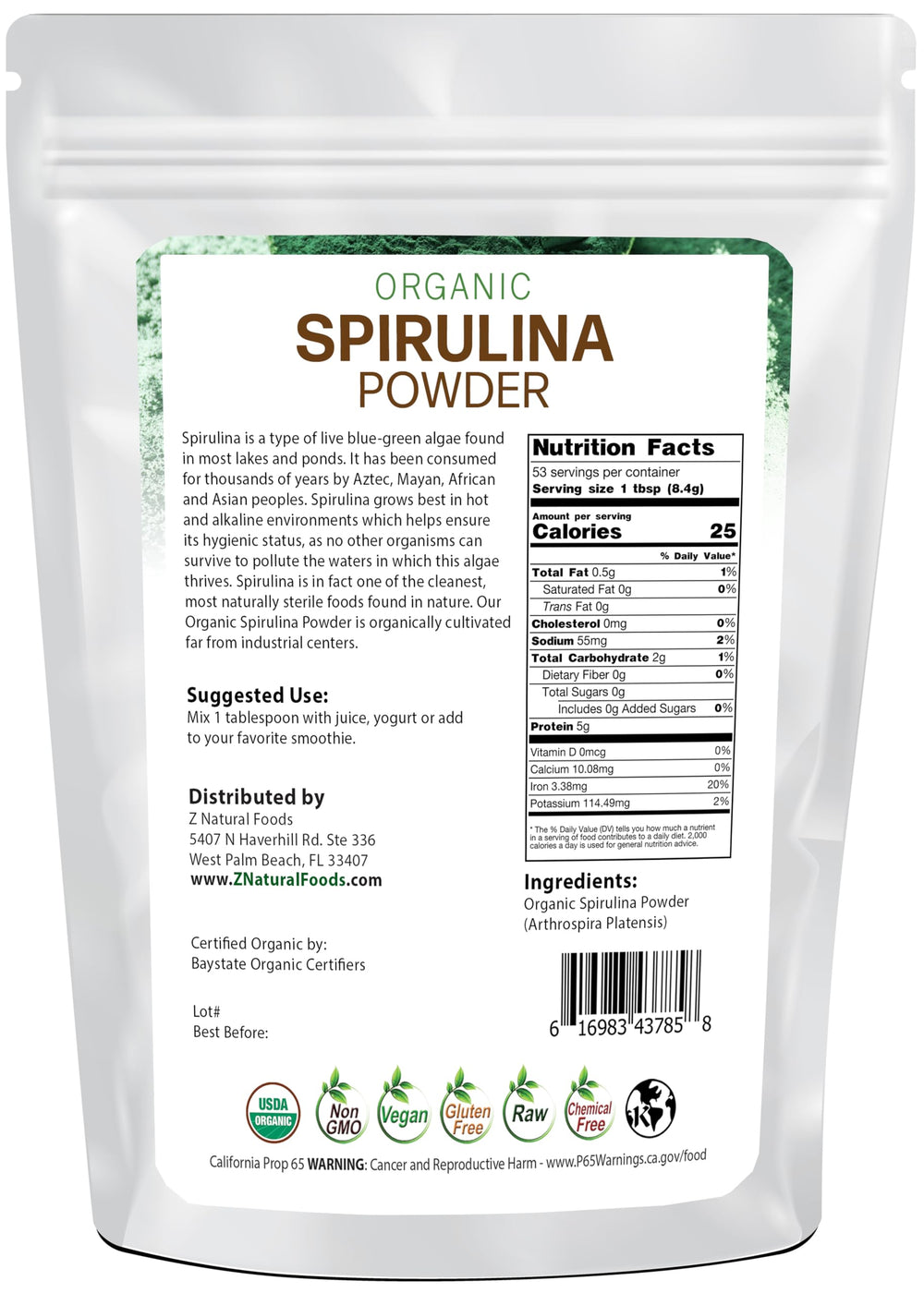 Spirulina powder bottle back label with organic certification