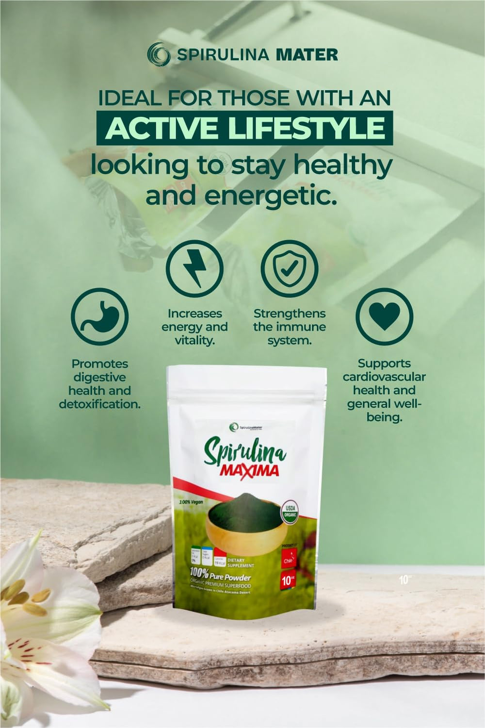 SpirulinaMater powder bottle on white background