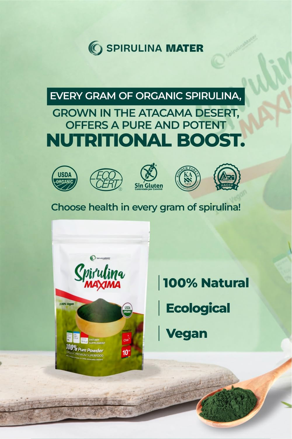 Close-up of SpirulinaMater powder label