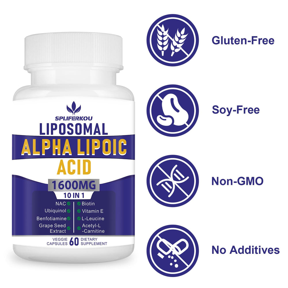 Gluten-free and non-GMO label on Spliferkou Alpha Lipoic Acid bottle