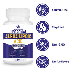 Gluten-free and non-GMO label on Spliferkou Alpha Lipoic Acid bottle