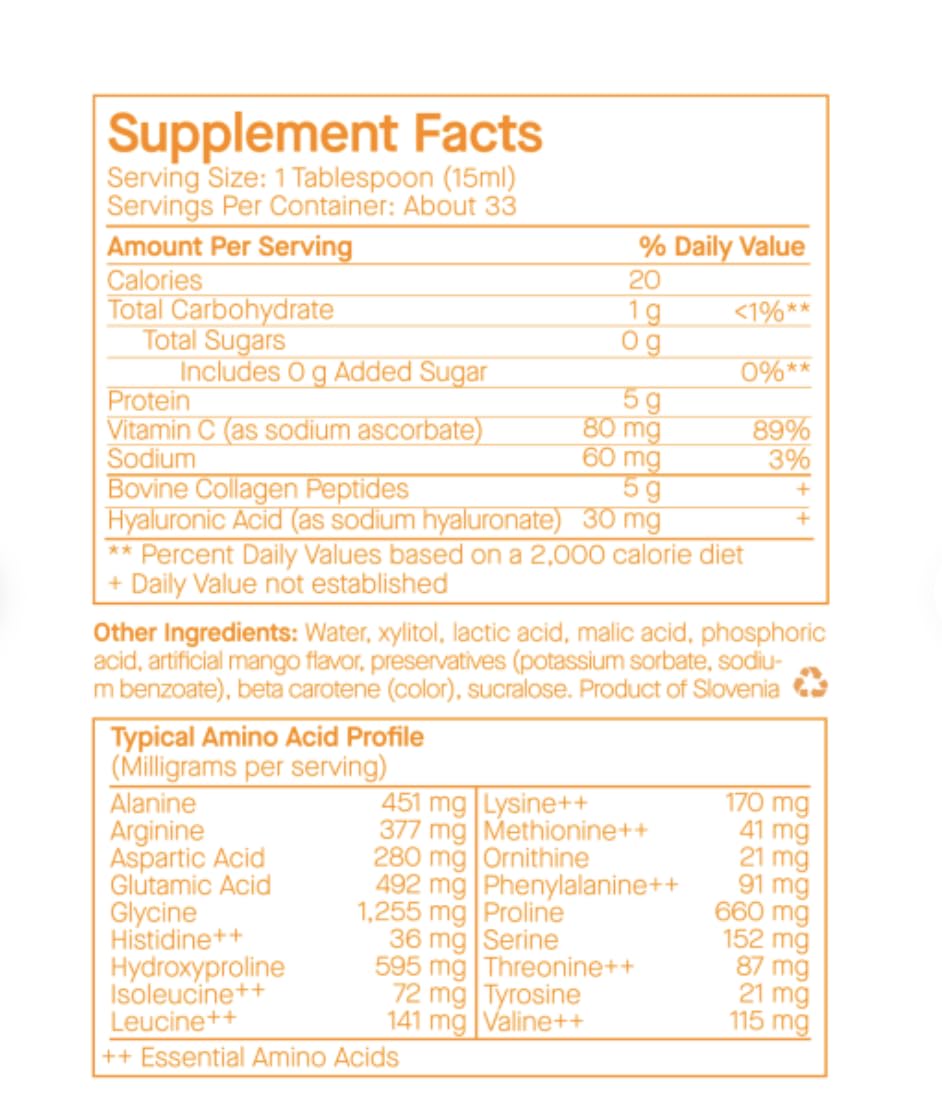 Pouring SpoiledChild Liquid Collagen Mango beside fresh mango