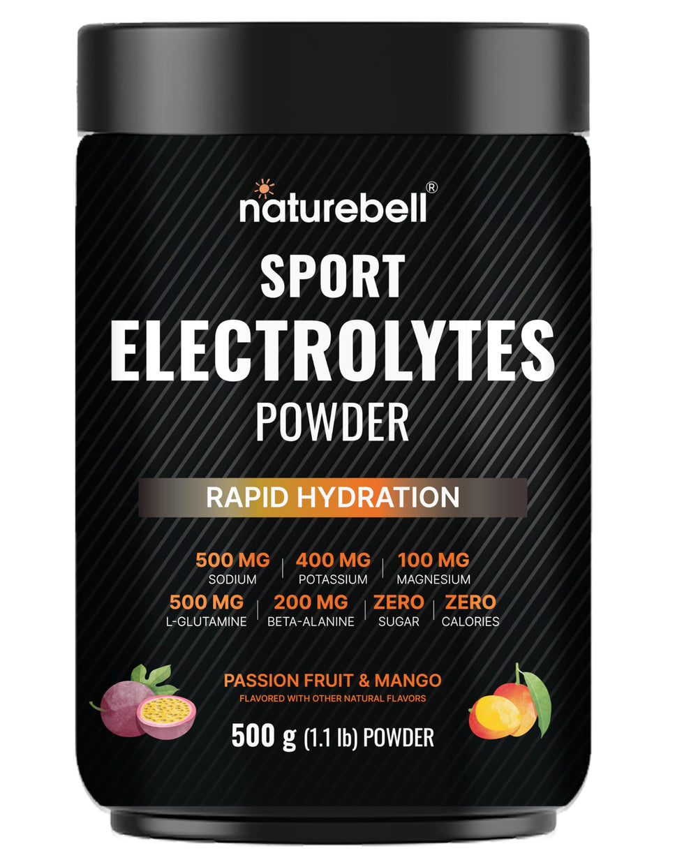 Front view of Sport Electrolytes Powder No Sugar 500g in Passion Fruit & Mango flavor