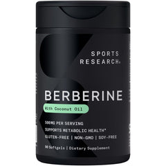 Front view of Sports Research Berberine softgels bottle with coconut oil