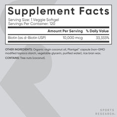 Sports Research Biotin 10,000mcg bottle on shelf for daily consistency.
