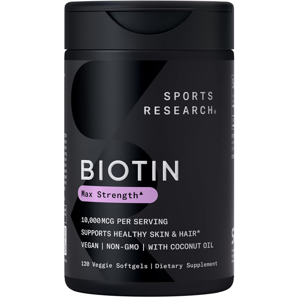 Sports Research Biotin 10,000 mcg bottle with Organic Coconut Oil