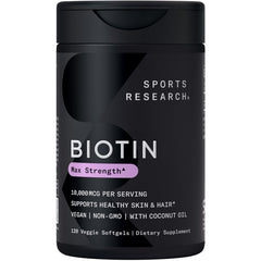 Sports Research Biotin 10,000 mcg bottle with Organic Coconut Oil
