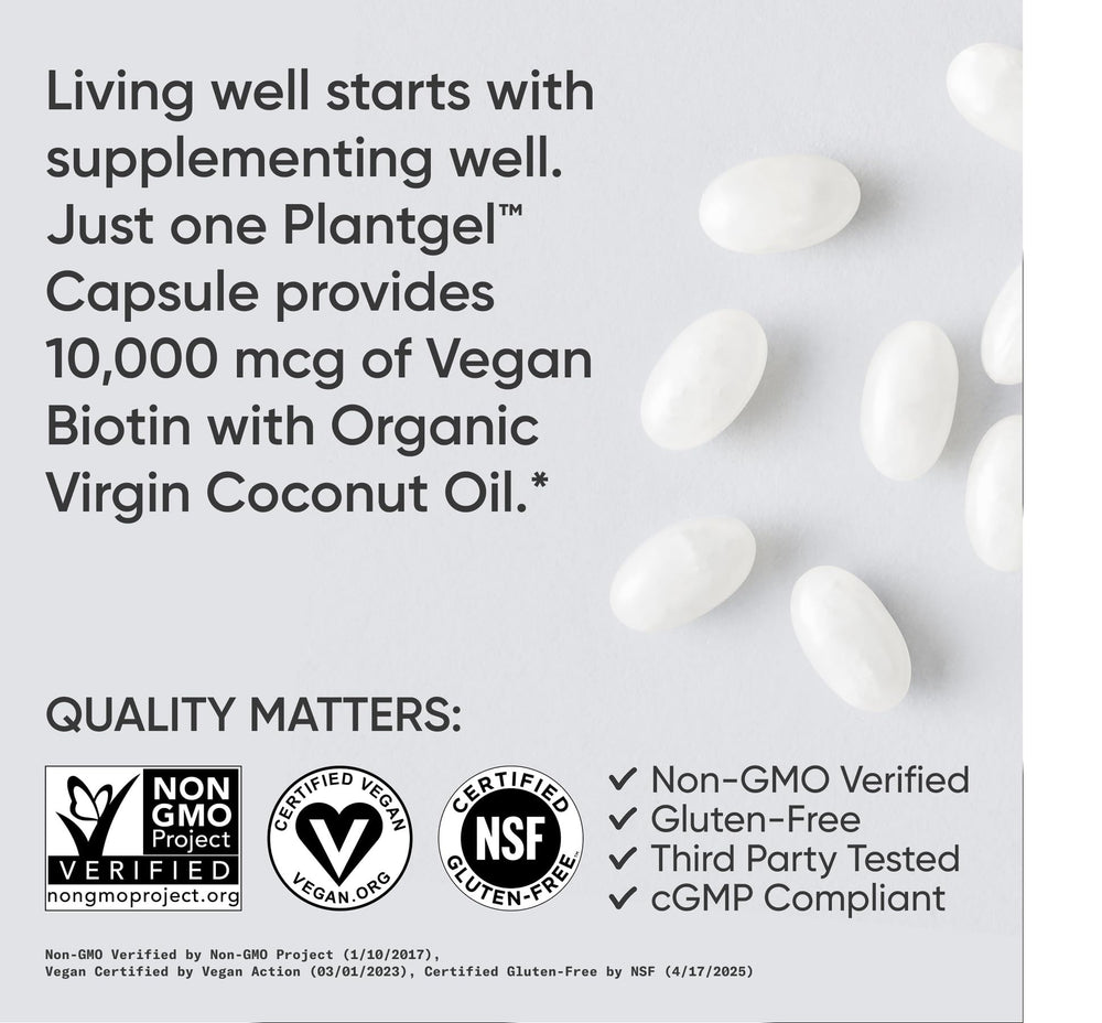 Sports Research Biotin 10,000mcg coconut oil bottle label highlighting organic care.
