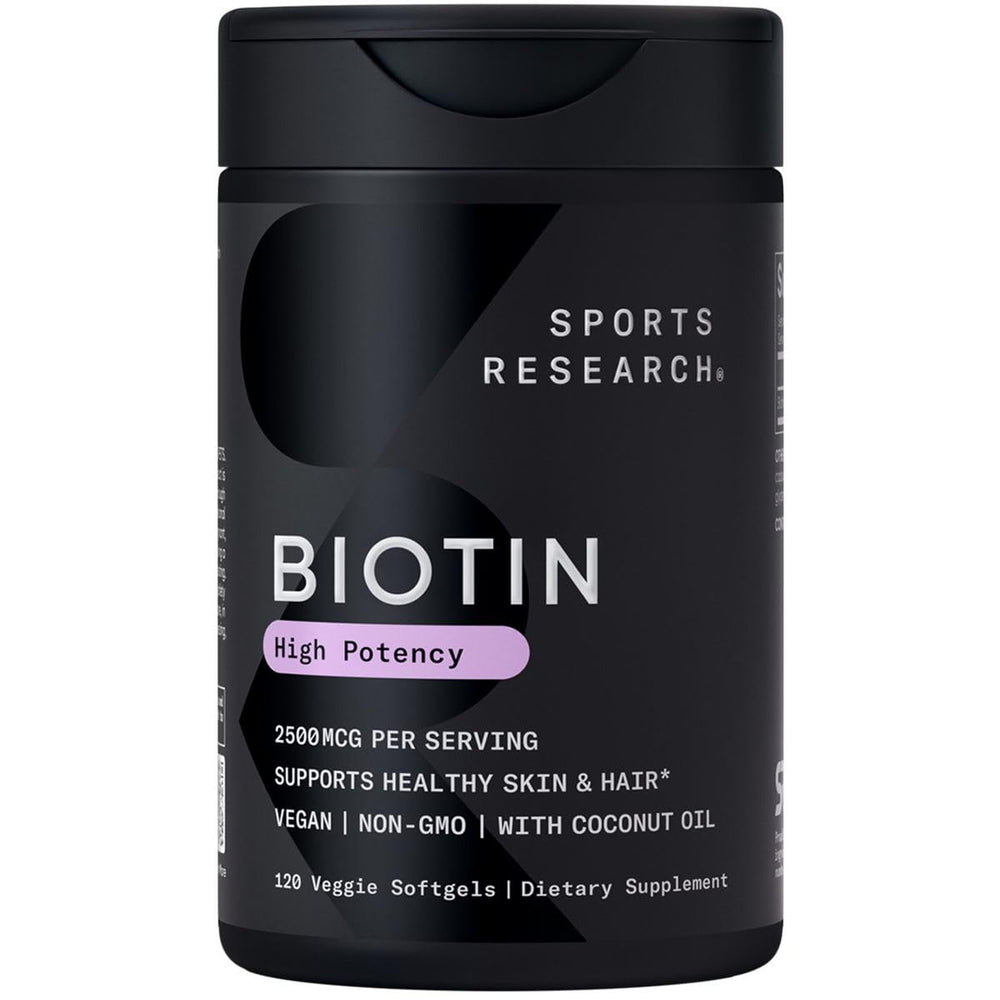 Sports Research Biotin 2,500mcg bottle with Organic Coconut Oil label