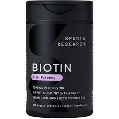 Sports Research Biotin 2,500mcg bottle with Organic Coconut Oil label