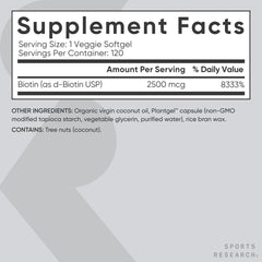 Nutrition facts panel of Sports Research Biotin bottle
