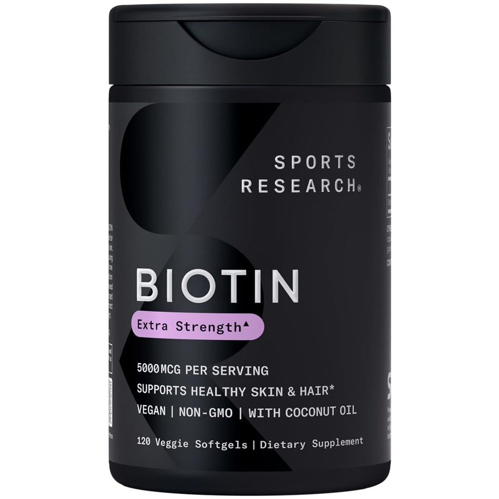 Sports Research Biotin 5,000mcg bottle with coconut oil softgels for hair and skin support.