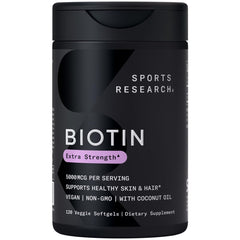 Front view of Sports Research Biotin 5,000mcg with organic coconut oil