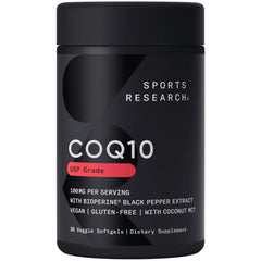 Sports Research CoQ10 100mg enhanced with coconut oil and Bioperine veggie softgels