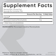 Sports Research Creatine Monohydrate label highlighting verification and testing