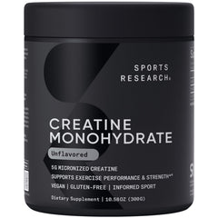 Sports Research Creatine Monohydrate powder canister with 5 g scoop and 10.58 oz