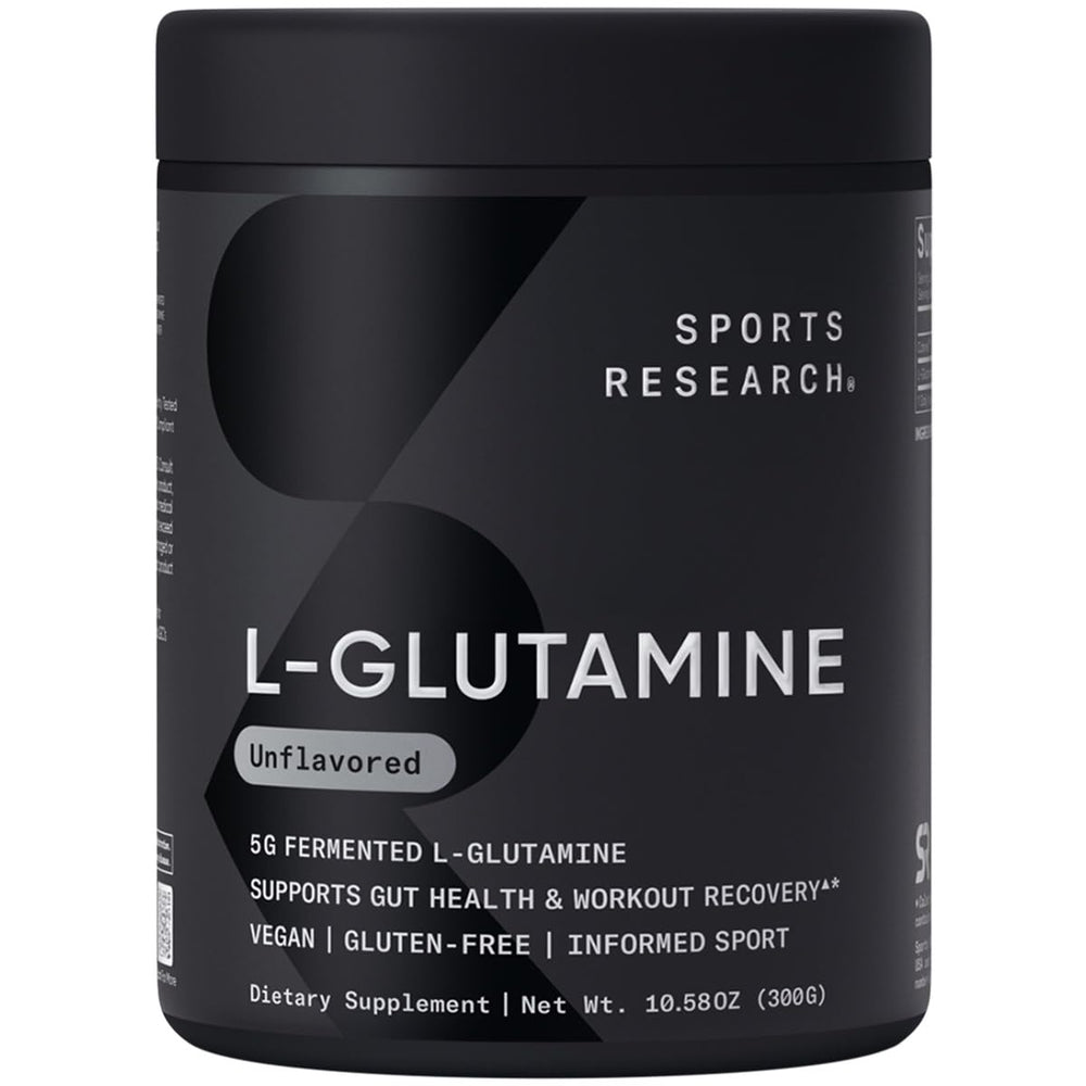 Sports Research L-Glutamine bottle label close-up, 5 g per serving