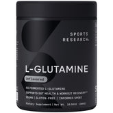 Sports Research L-Glutamine bottle label close-up, 5 g per serving