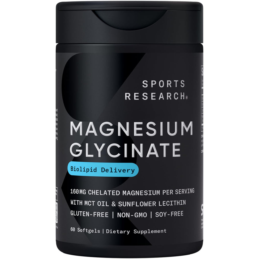 Sports Research Magnesium Glycinate bottle for daily wellness and potential restfulness.