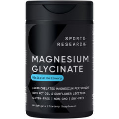 Sports Research Magnesium Glycinate bottle for daily wellness and potential restfulness.