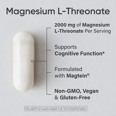 Sports Research Magnesium L-Threonate capsules closeup highlighting easy-to-swallow veggie capsules.