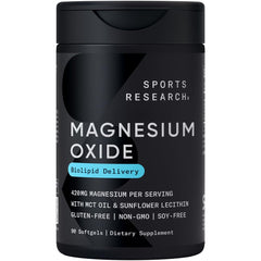 Product bottle front of Sports Research Magnesium Oxide 420mg with Coconut MCT Oil