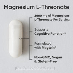 Sports Research Magtein capsules closeup showing small vegan capsules for daily intake.