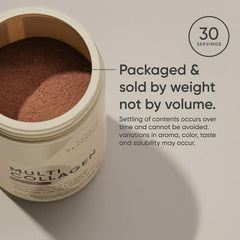 Scoop of collagen powder with information about servings