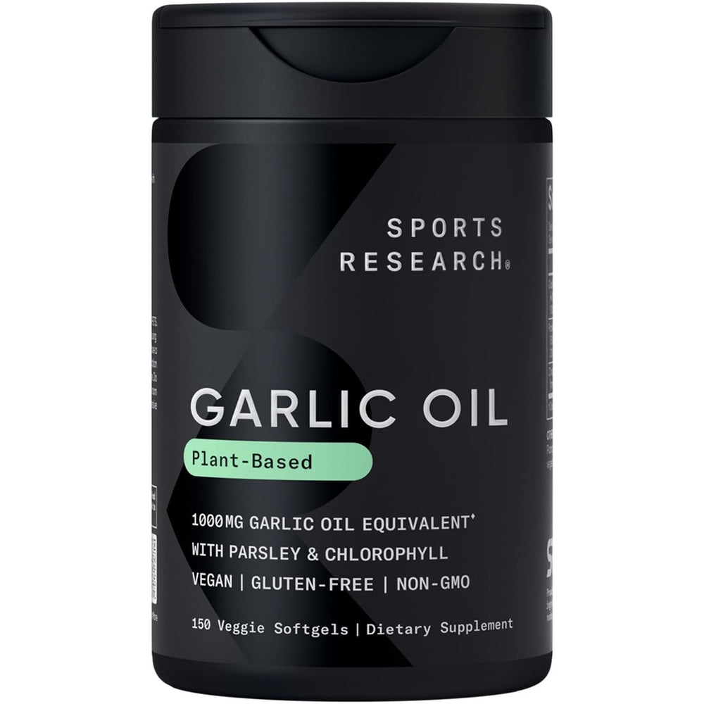 Bottle of Sports Research Odorless Garlic Oil Pills with parsley and chlorophyll label