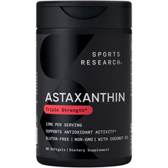 Sports Research Triple Strength Astaxanthin 12mg bottle highlighting premium antioxidant support